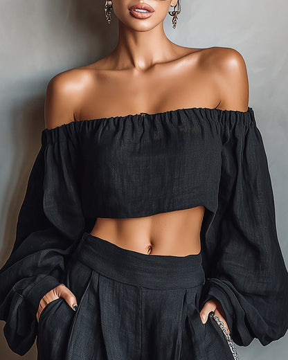 Tessa | Ensemble épaules dénudées et pantalon large, noir