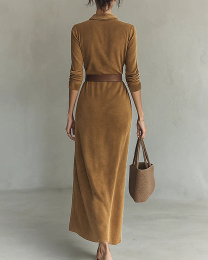 Giada | Robe longue effet suédine à col chemise et ceinture