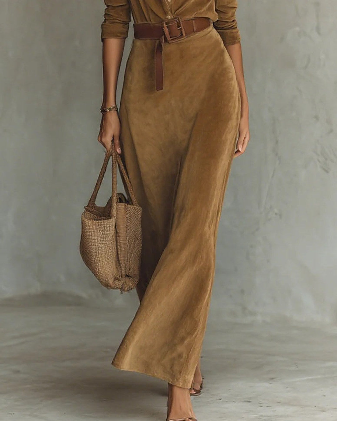 Giada | Robe longue effet suédine à col chemise et ceinture
