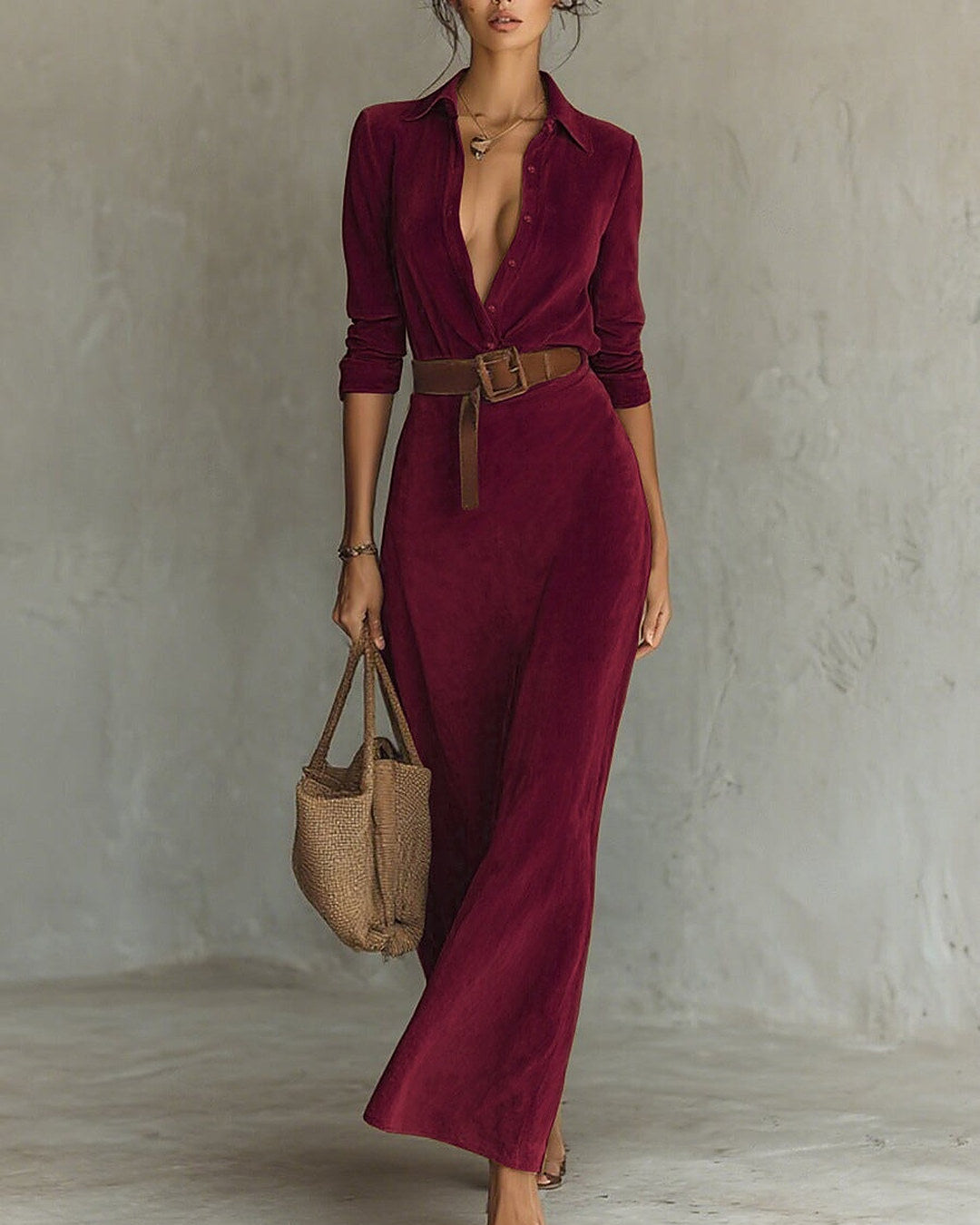 Giada | Robe longue effet suédine à col chemise et ceinture