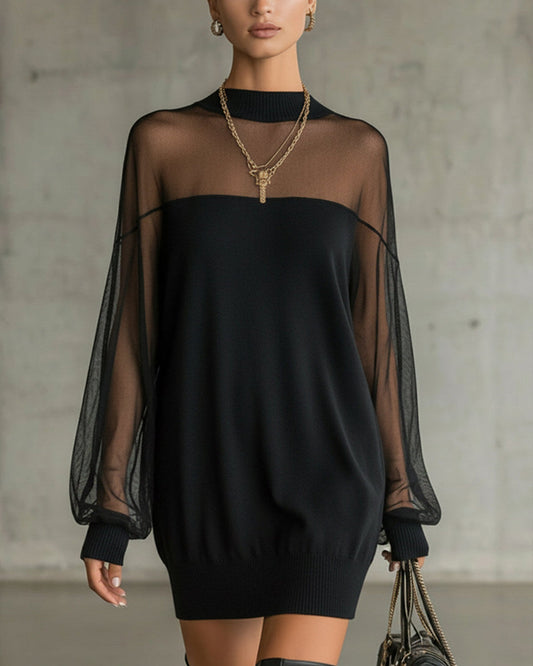 Amelia | Mini-robe noire à manches en résille