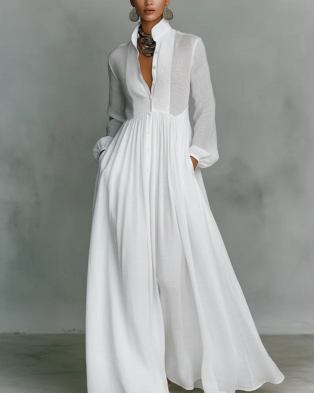 Leonora | Robe longue épurée à col mao, blanche
