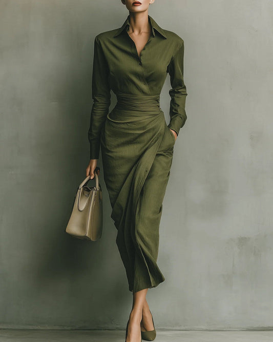 Natalia | Robe chemise à jupe portefeuille, vert olive