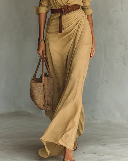 Camilla | Robe-chemise longue à ceinture et jupe portefeuille, ocre