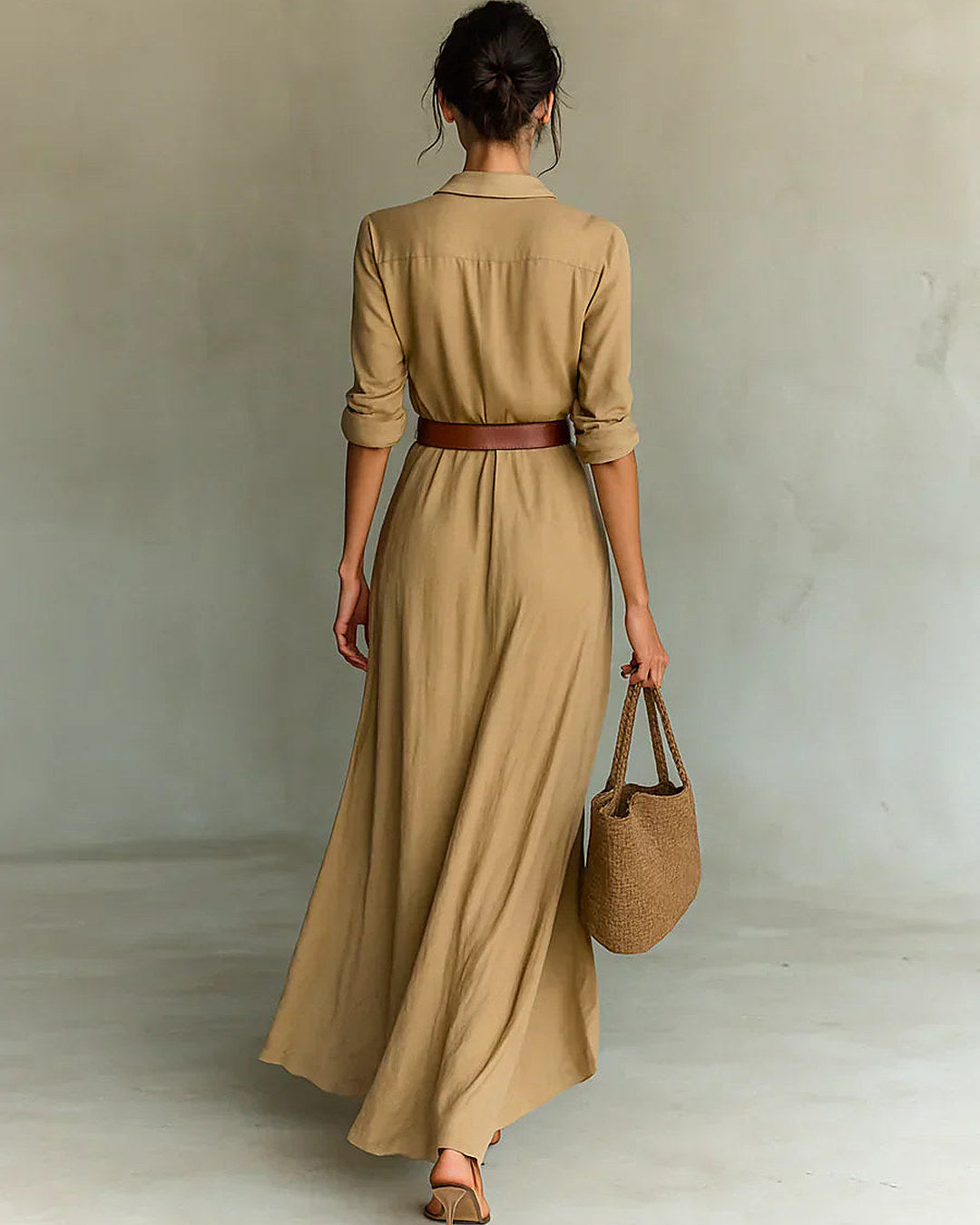 Camilla | Robe-chemise longue à ceinture et jupe portefeuille, ocre