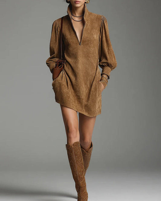 Lucrezia | Robe souple effet daim zippée, marron