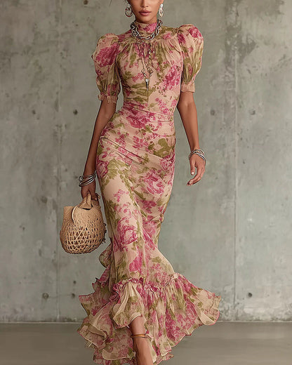Rosalina | Robe longue à imprimé roses vintage, rose