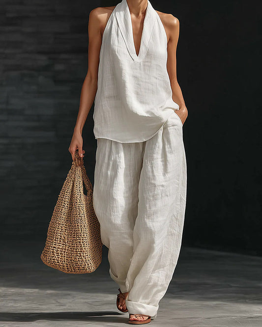 Zoe | Ensemble dos-nu et pantalon large, blanc
