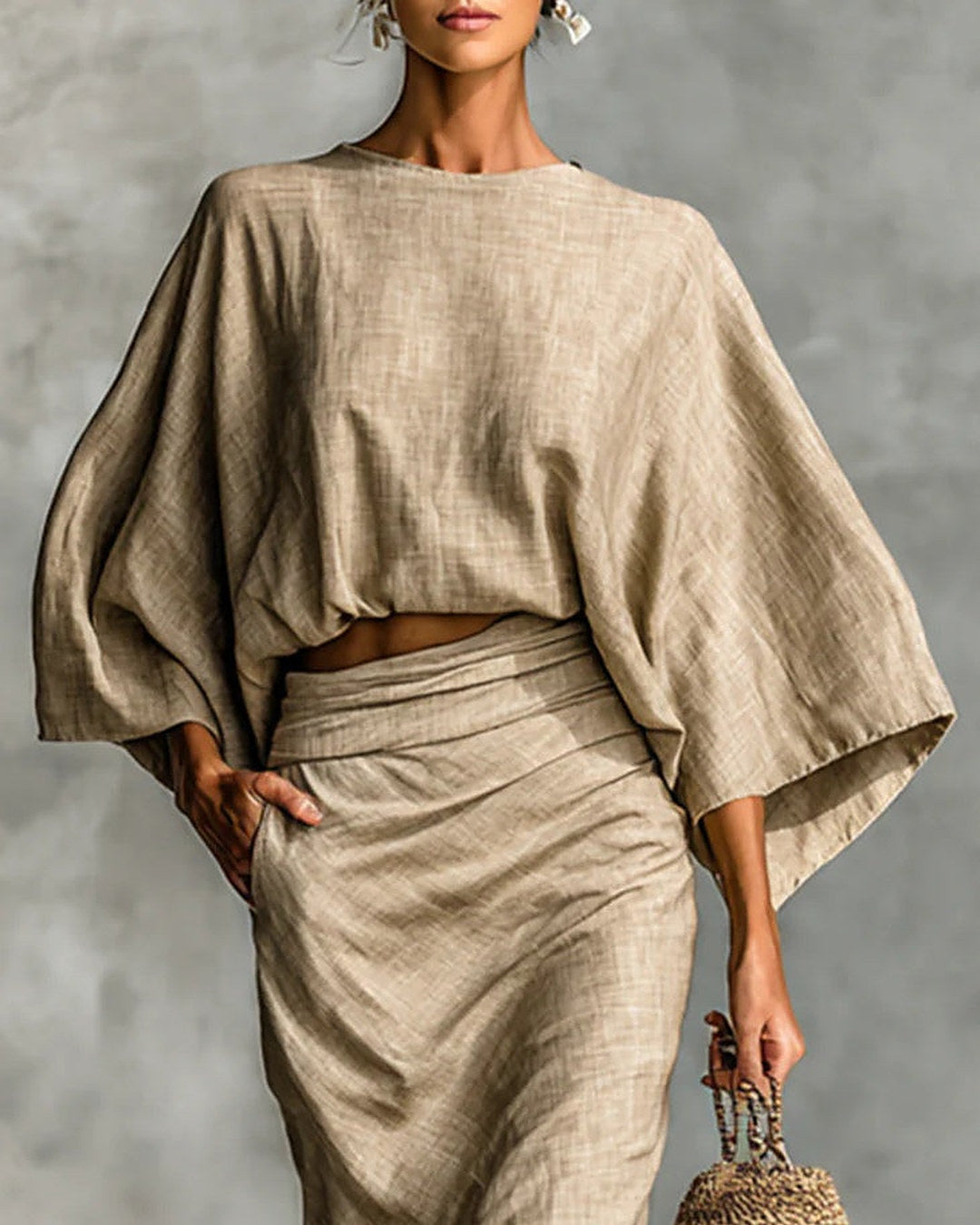 Giulia | Ensemble top court chauve-souris et jupe longue drapée, kaki