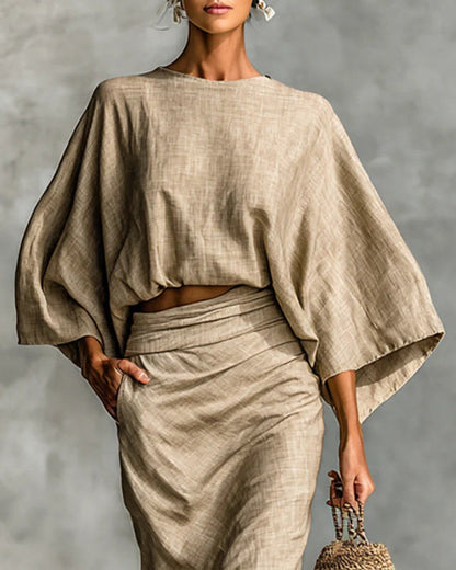 Giulia | Ensemble top court chauve-souris et jupe longue drapée, kaki