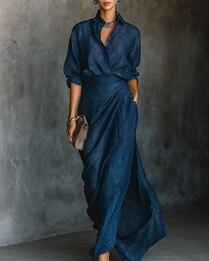 Sara | Ensemble chemise froissée et jupe longue portefeuille, bleu foncé