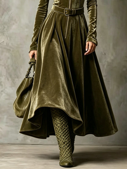 Raffaella | Robe longue en velours vert olive à zip, ceinture incluse