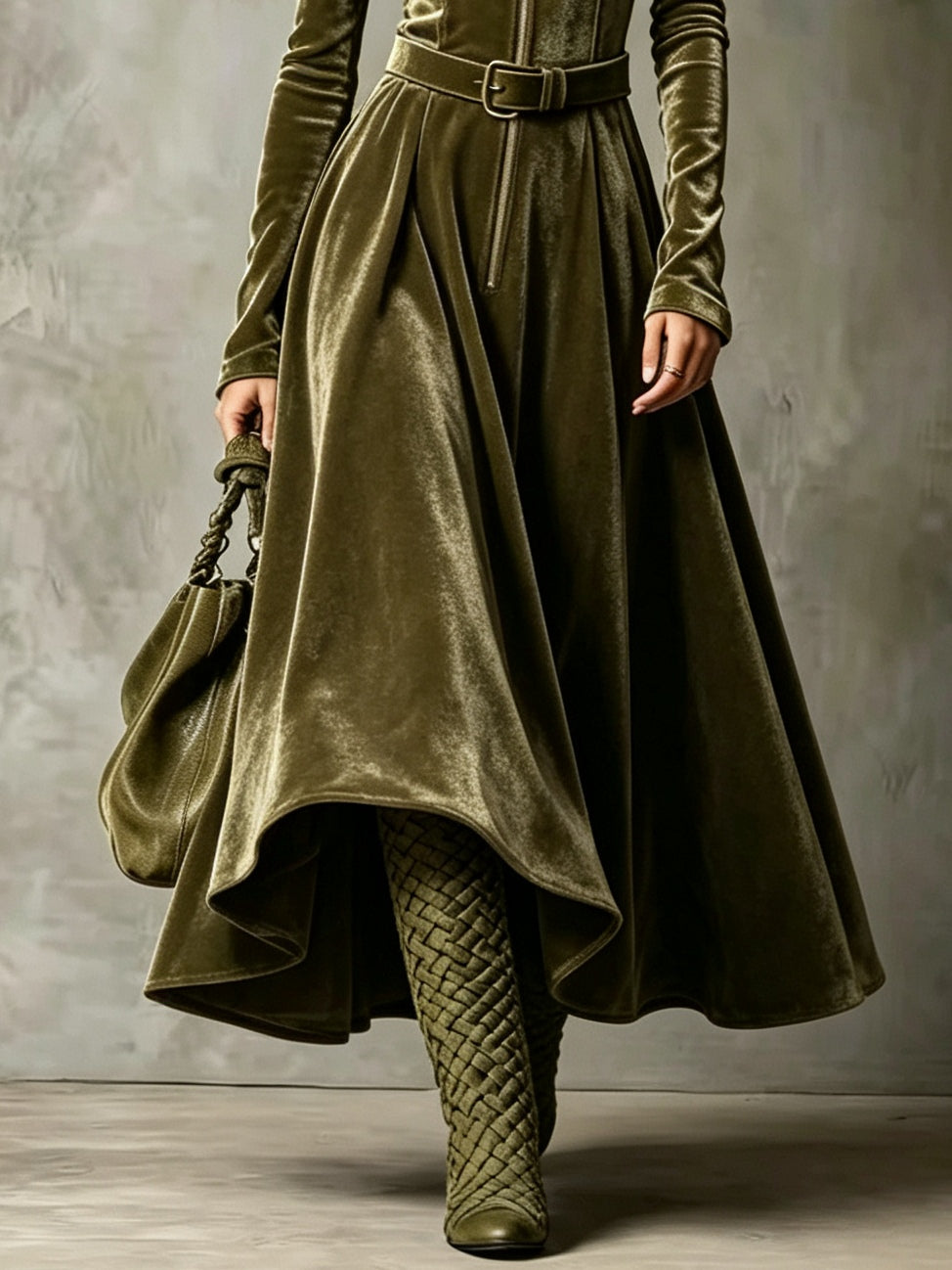 Raffaella | Robe longue en velours vert olive à zip, ceinture incluse