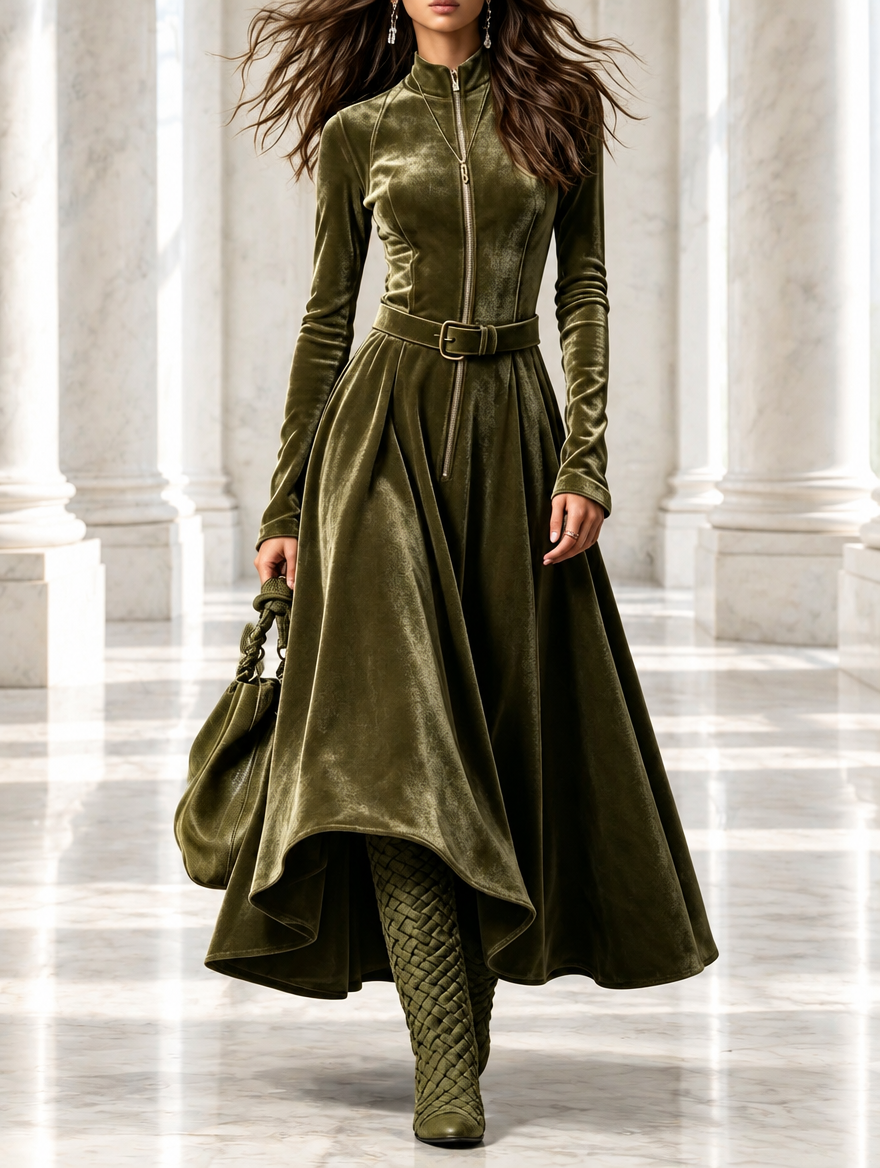 Raffaella | Robe longue en velours vert olive à zip, ceinture incluse