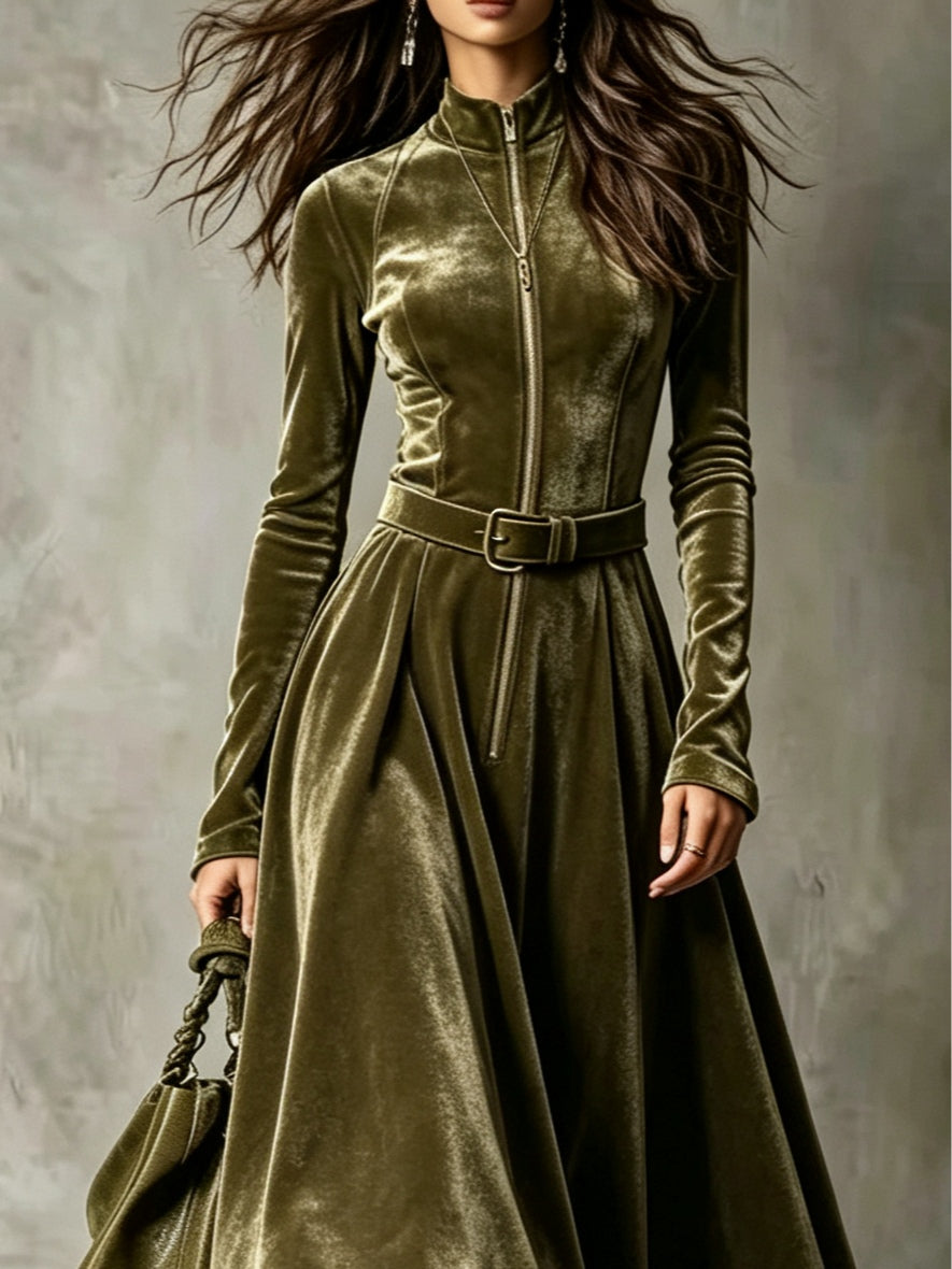 Raffaella | Robe longue en velours vert olive à zip, ceinture incluse