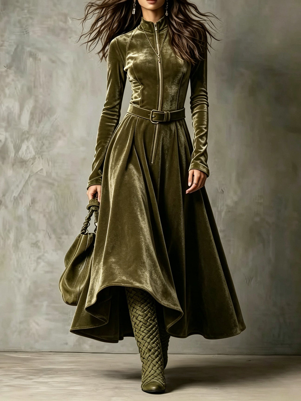 Raffaella | Robe longue en velours vert olive à zip, ceinture incluse