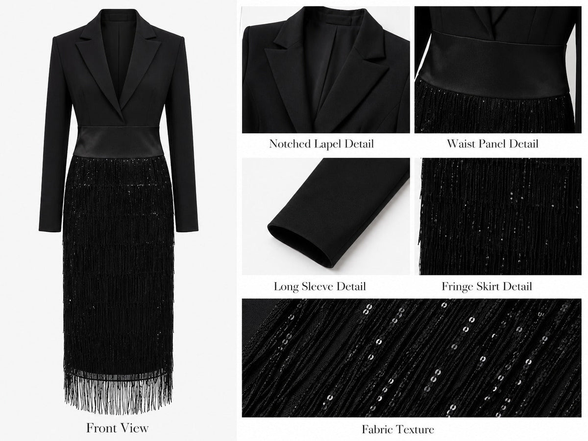 Loredana | Robe midi esprit blazer à sequins et franges, noire