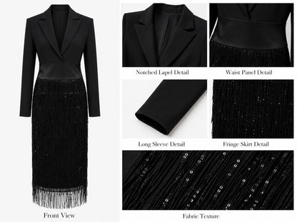 Loredana | Robe midi esprit blazer à sequins et franges, noire