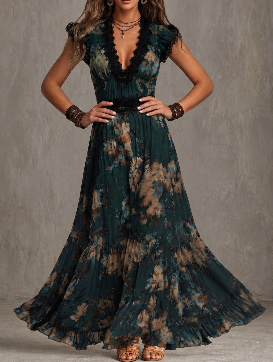 Lucia | Robe longue vert foncé à dentelle florale