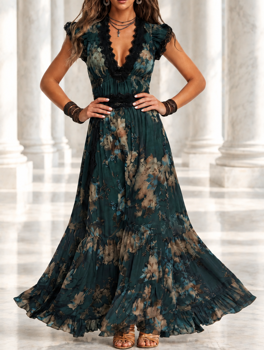 Lucia | Robe longue vert foncé à dentelle florale