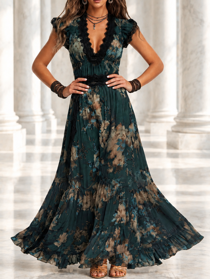 Lucia | Robe longue vert foncé à dentelle florale