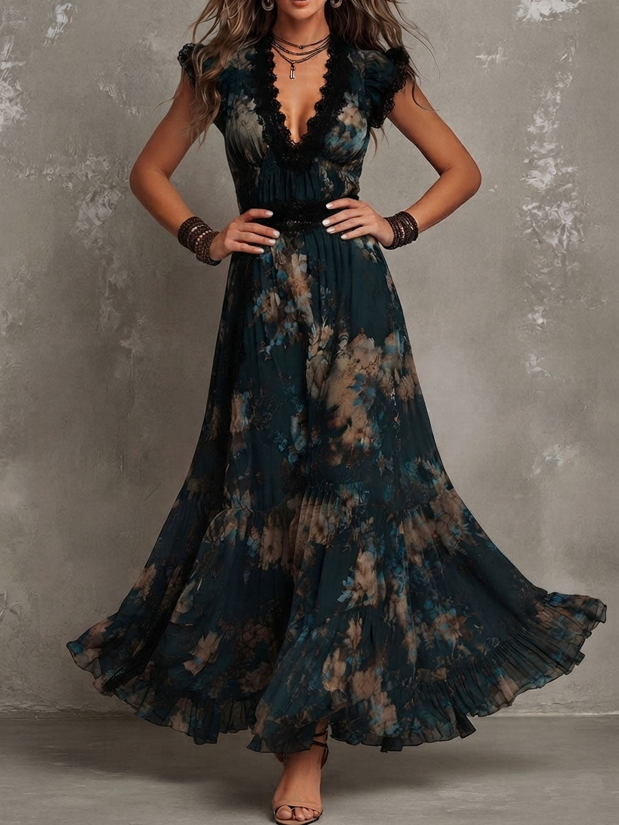 Lucia | Robe longue vert foncé à dentelle florale