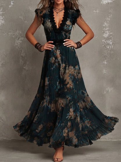 Lucia | Robe longue vert foncé à dentelle florale
