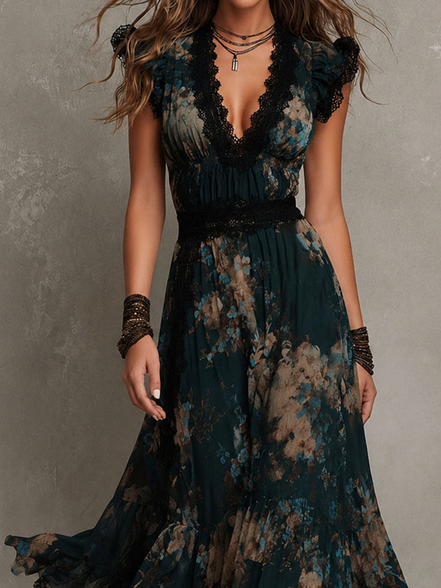 Lucia | Robe longue vert foncé à dentelle florale