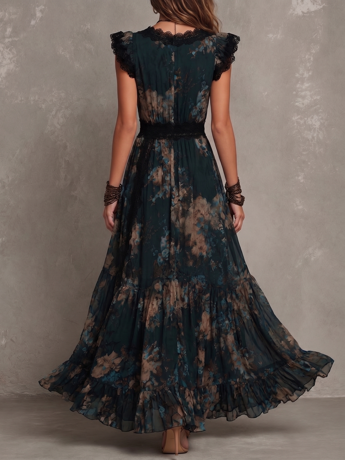 Lucia | Robe longue vert foncé à dentelle florale