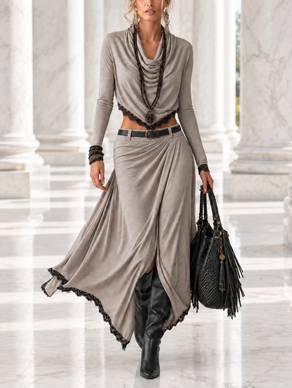 Michela | Ensemble gris à encolure drapée et jupe fendue