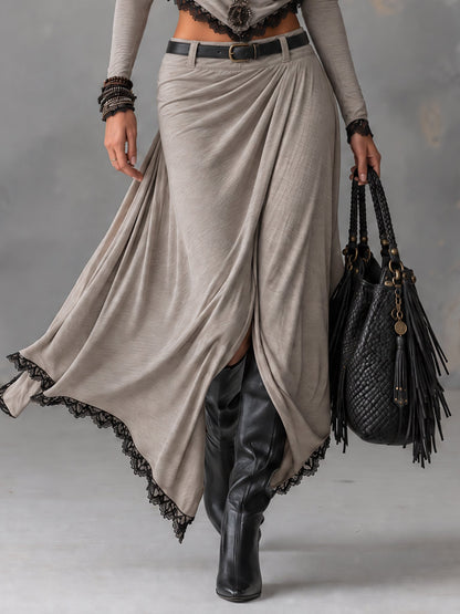Michela | Ensemble gris à encolure drapée et jupe fendue