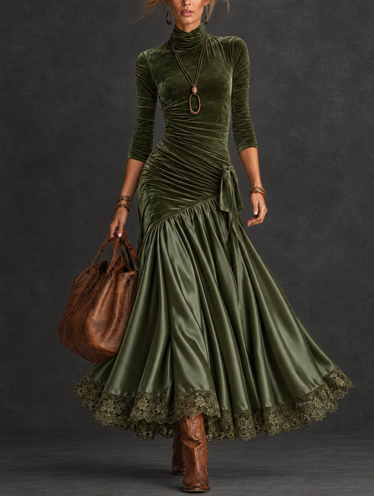 Antonella | Robe longue à panneaux et ourlet en dentelle, vert olive