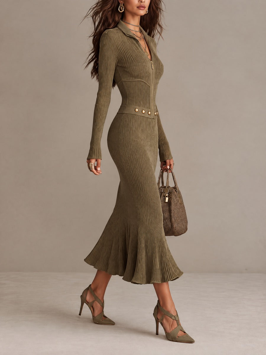 Marta | Robe midi en maille côtelée zippée avec ceinture cloutée