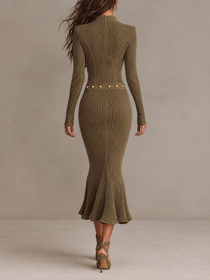 Marta | Robe midi en maille côtelée zippée avec ceinture cloutée