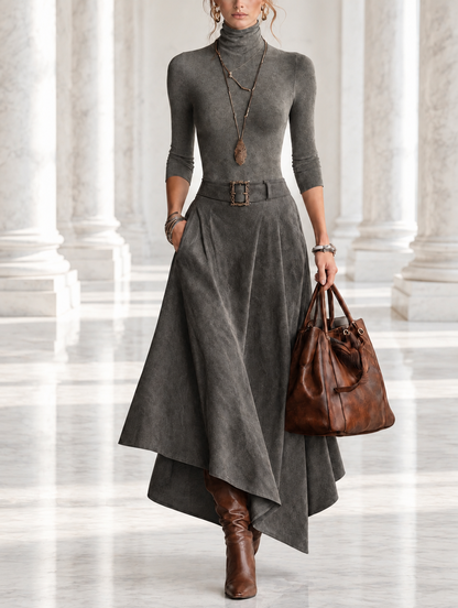 Francesca | Ensemble gris à col montant et jupe midi asymétrique