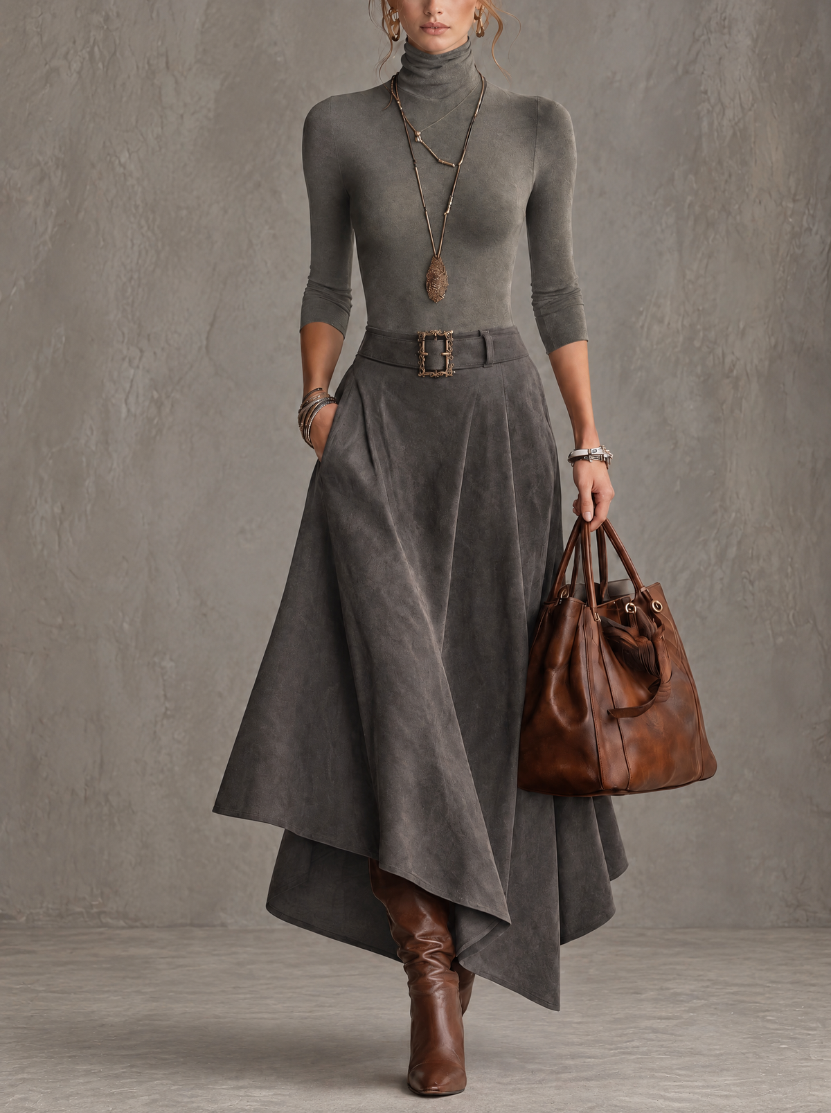 Francesca | Ensemble gris à col montant et jupe midi asymétrique