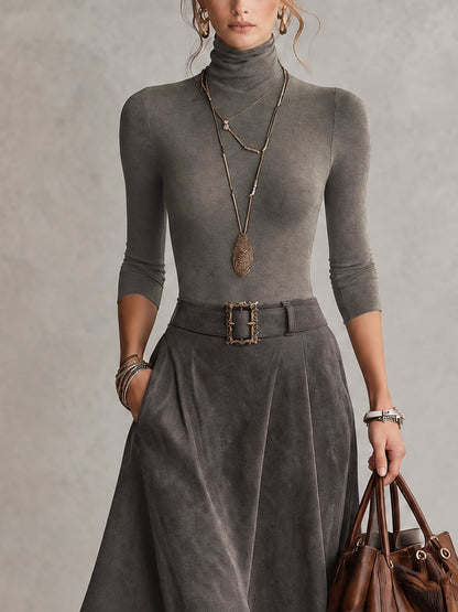 Francesca | Ensemble gris à col montant et jupe midi asymétrique