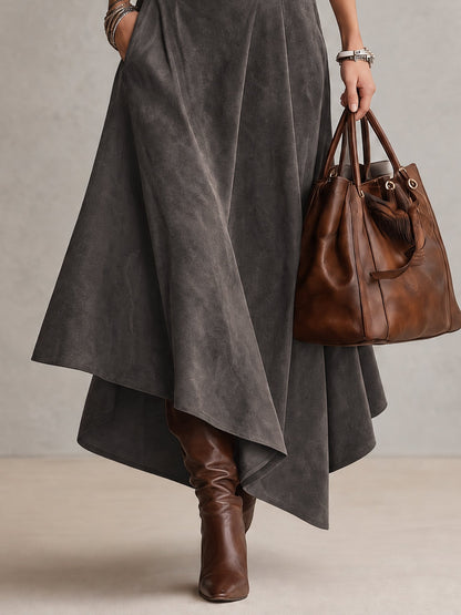 Francesca | Ensemble gris à col montant et jupe midi asymétrique