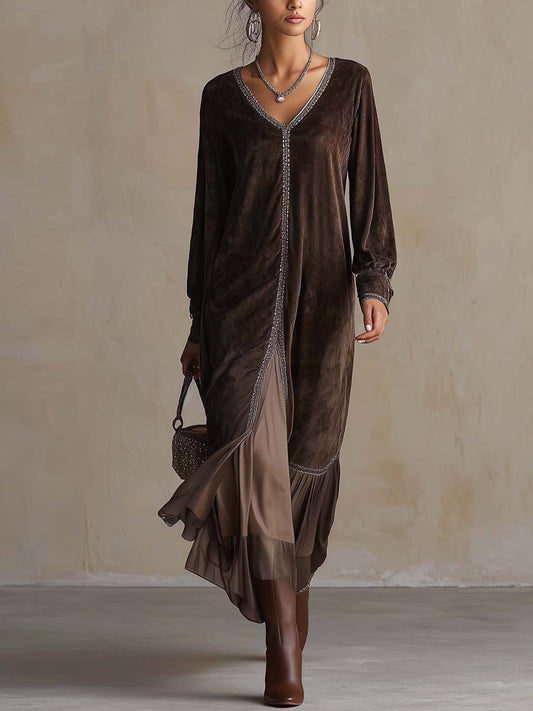 Teresa | Robe midi évasée en suédine à décolleté en V
