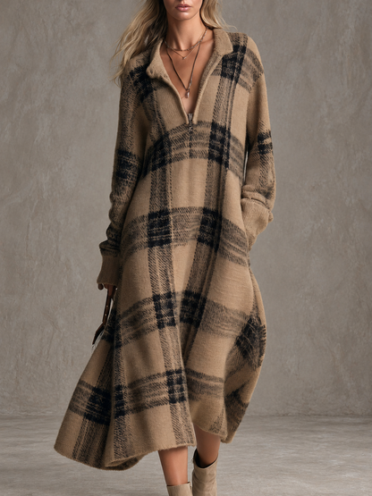 Adelaide | Robe midi en maille à carreaux et demi-zip, camel