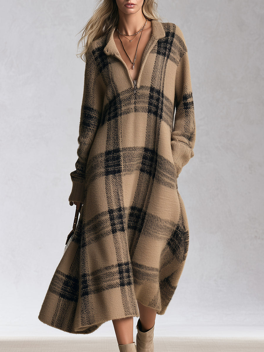 Adelaide | Robe midi en maille à carreaux et demi-zip, camel