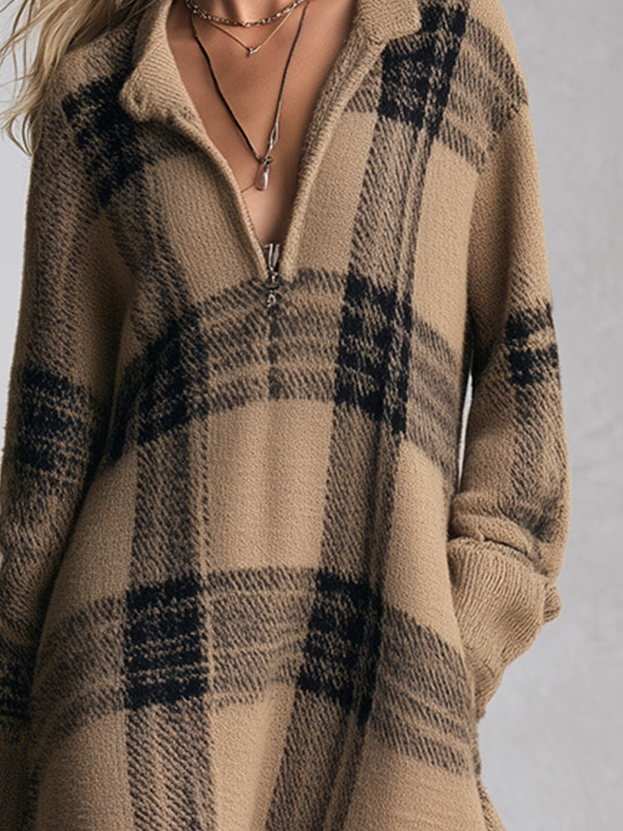Adelaide | Robe midi en maille à carreaux et demi-zip, camel