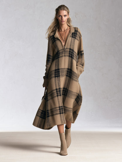 Adelaide | Robe midi en maille à carreaux et demi-zip, camel