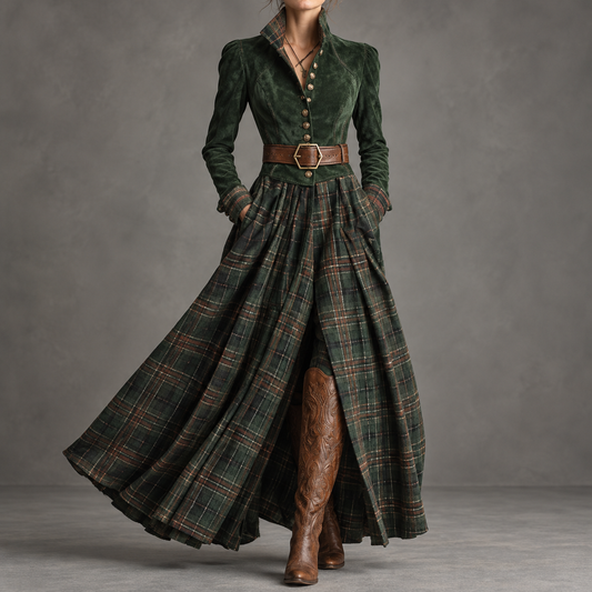 Edurne Tartan | Robe maxi à corsage effet suédine et jupe à carreaux
